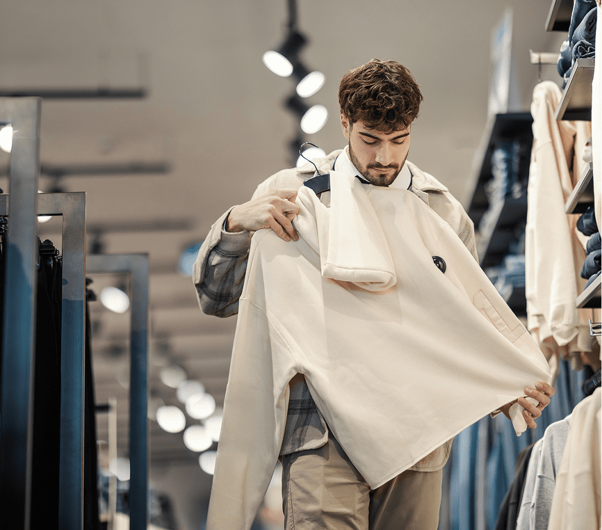 Shopper holding beige sweatshirt
